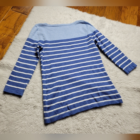 J. McLaughlin Stripe 3/4 Sleeve Sweater Blue White Nautical Cotton Modal Buttons - Picture 3 of 6